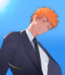  1boy ^_^ alternate_costume backlighting black_jacket black_necktie bleach blue_sky blush closed_eyes collared_shirt day dress_shirt eyebrows_hidden_by_hair facing_viewer female_pov formal_clothes from_below gwao_(_ul_13) happy highres jacket kurosaki_ichigo long_sleeves male_focus necktie nose open_clothes open_jacket orange_hair outdoors parted_lips pov shirt short_hair sky smile solo spiky_hair suit_jacket sunlight upper_body v-shaped_eyebrows white_shirt 