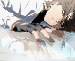  2boys artist_name black_gloves blue_eyes blurry brown_hair commentary different_reflection empty_eyes english_commentary fingerless_gloves gloves highres ink_(inkypyon) jacket lin_ling_(to_be_hero_x) long_sleeves looking_at_another lying male_focus multicolored_hair multiple_boys nice_(to_be_hero_x) parted_lips reflection short_hair streaked_hair to_be_hero_x twitter_username white_hair white_jacket 