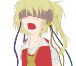  bacho blonde_hair blush commentary crossover face flandre_scarlet hypnosis mind_control open_mouth saliva side_ponytail solo tears teeth touhou visor 