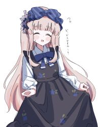  1girl blonde_hair blue_bow blue_bowtie blush bow bowtie closed_eyes clothes_lift commentary_request hair_ornament highres hikami_meruru hime_cut long_hair mahou_shoujo_no_majo_saiban official_alternate_costume open_mouth skirt skirt_lift smile striped_bow striped_bowtie striped_clothes tama_sakura x_hair_ornament 