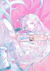 1girl ankle_boots black_gloves blue_eyes boots braid breasts clothing_cutout commentary crack cracked_glass dress ear_piercing eyelashes fingerless_gloves game_screenshot_inset gloves hand_to_own_mouth hip_vent into_the_new_light_(project_sekai) jewelry long_hair looking_at_viewer medium_breasts megurine_luka necklace official_alternate_costume official_alternate_hairstyle parted_bangs parted_lips piercing pink_background pink_hair project_sekai screenshot_inset sidelocks simple_background single_fingerless_glove sleeveless sleeveless_dress solo translation_request untranslatable_commentary very_long_hair vocaloid white_boots white_dress yukijam_xc 