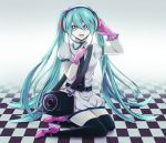  aqua_eyes aqua_hair belt checkered checkered_floor gloves hatsune_miku headphones headset high_heels long_hair nekoyanagi_reo open_mouth shoes sitting skirt solo speaker thigh-highs thighhighs twintails very_long_hair vocaloid yokozuwari 