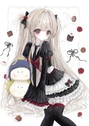  1girl aegyo_sal artist_name bell_sleeves bi_(itsrainyuptown) black_bow black_necktie black_thighhighs blonde_hair bow closed_mouth craig_tucker diagonal-striped_clothes diagonal-striped_necktie dot_nose dress food hair_bow hair_intakes highres juliet_sleeves long_sleeves multicolored_dress necktie original puffy_sleeves red_bow red_eyes red_trim shirt sitting sleeve_bow solo south_park striped_clothes striped_necktie thigh-highs tweek_tweak two_side_up white_shirt 