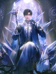  1boy 3d black_gloves black_hair brown_eyes crossed_legs game_asset gloves highres indoors looking_at_viewer love_and_deepspace male_focus non-web_source official_art robe self-datamine short_hair sitting solo staff thorns throne zayne_(love_and_deepspace) 