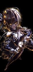  1girl absurdres aiguillette black_background black_coat black_gloves blonde_hair coat commentary_request cracked_skin curtained_hair diamond_hair_ornament epaulettes facial_mark full_body gloves glowing glowing_eyes hair_ornament hasumi_leia high_collar highres holding holding_sword holding_weapon long_sleeves looking_at_viewer mahou_shoujo_no_majo_saiban osumoudosukoitv parted_bangs rapier sash scabbard sheath short_hair shoulder_sash simple_background smile solo spoilers sword weapon witch_(manosaba) yellow_eyes 