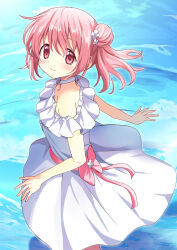  1girl bare_shoulders blush choker closed_mouth commentary_request cowboy_shot dress hair_between_eyes hair_bun highres kaname_madoka long_hair looking_at_viewer mahou_shoujo_madoka_magica mahou_shoujo_madoka_magica_(anime) off-shoulder_dress off_shoulder pink_eyes pink_hair rikopin smile solo wading white_choker white_dress 