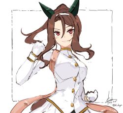  1girl animal_ears brown_hair cheerleader commentary ear_covers headband hidaka_kouyou highres horse_ears horse_girl horse_tail king_halo_(cheerleader_in_noble_white)_(umamusume) king_halo_(umamusume) ouendan red_eyes solo tail umamusume white_headband 