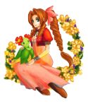  1girl aerith_gainsborough bellossom bolero boots bracelet braid brown_hair byuura_(sonofelice) choker cropped_jacket final_fantasy final_fantasy_vii green_eyes hair_ribbon jewelry long_hair pokemon pokemon_(creature) ponytail ribbon single_braid 