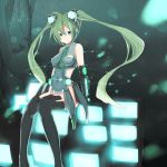  aqua_eyes erect_nipples green_hair hatsune_miku highres hope_yakisoba monitor necktie no_panties no_pants sitting solo thigh-highs thighhighs twintails vocaloid 