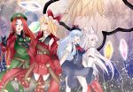  bad_id bare_back bare_shoulders blonde_hair blue_eyes blue_hair cigarette cosplay crystal dante dante_(cosplay) devil_may_cry flandre_scarlet fujiwara_no_mokou gloves hat highres hong_meiling kamishirasawa_keine long_hair red_eyes red_hair redhead torio_k touhou white_hair wings 