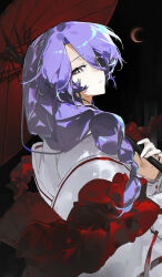  1girl absurdres black_background blue_eyes braid character_request chi_chi_(lofter_2016543390) chinese_commentary commentary_request copyright_request crescent_moon hair_over_one_eye hair_over_shoulder highres holding holding_umbrella looking_at_viewer looking_back moon night one_eye_covered parted_lips purple_hair red_sash sash sideways_glance slit_pupils solo umbrella upper_body 