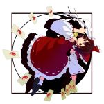  bad_id bow brown_eyes brown_hair detached_sleeves dress hair_bow hakurei_reimu highres japanese_clothes miko red_dress solo spell_card touhou tsuttsu yukino_tsubu 