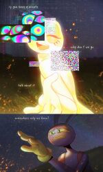  1boy 1girl abstraction_(the_amazing_digital_circus) absurdres animal_ears blush bow bowtie closed_eyes colored_sclera creemshouwn crying crying_with_eyes_open english_commentary english_text extra_eyes fireflies furry furry_male gloves glowing grass highres jax_(the_amazing_digital_circus) multicolored_eyes open_mouth overalls purple_fur rabbit_boy rabbit_ears rabbit_girl ribbit_(the_amazing_digital_circus) tears teeth the_amazing_digital_circus yellow_gloves yellow_sclera 