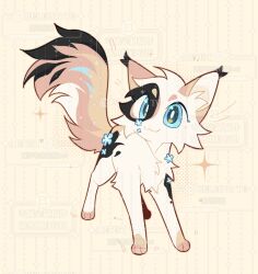  :3 animal animal_focus blue_eyes blue_flower bright_pupils calico_(pattern) calico_cat cat commission flat_color flower fluffy full_body highres looking_at_viewer mihuashi_commission no_humans original simple_background solo sparkle standing too_many_watermarks warrior_cats watermark whiskers white_pupils xian_luobu_ou_jiehun_bot 