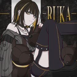  1girl black_hair blonde_hair ear_piercing earrings goma_(gogo_gowa) grey_jacket happy_birthday highres idolmaster idolmaster_shiny_colors ikaruga_luca jacket jewelry looking_at_viewer medium_hair multicolored_hair off_shoulder piercing shoes sidelocks solo stuffed_animal stuffed_toy two-tone_hair yellow_eyes 