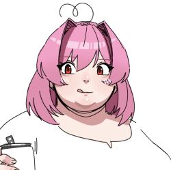  1girl :q ahoge can double_chin fat hair_between_eyes hair_intakes hand_up highres holding holding_can looking_to_the_side medium_hair original pink_hair plump portrait red_eyes shirt simple_background sketch solo tongue tongue_out utoka white_background white_shirt 