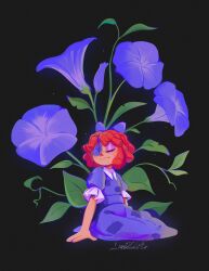  1girl black_background bow button_eyes buttons closed_eyes commentary dress english_commentary flower hair_bow highres littlevioletart morning_glory purple_bow purple_dress purple_flower red_hair short_hair signature sitting the_amazing_digital_circus 