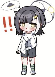  ! !! 1girl bandaid bandaid_on_leg black_hair black_shorts blue_archive blush chibi commentary full_body hair_ornament halo highres jacket jkh262 long_sleeves looking_at_viewer low_twintails multicolored_hair necktie shirt shoes shorts simple_background sleeves_past_wrists sneakers socks solo standing streaked_hair striped_clothes striped_socks triangle_mouth tsubasa_(blue_archive) twintails v-shaped_eyebrows white_background white_hair white_jacket white_shirt yellow_eyes 