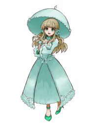  1girl blonde_hair cecily_ehrlein choker commentary commentary_request dot_nose dress eyebrows_hidden_by_hair flower flower_choker full_body green_dress green_eyes green_flower green_rose green_shoes green_umbrella hair_flower hair_ornament high_heels holding holding_umbrella juliet_sleeves kaze_to_hanakyoku_no_anburera lace_trim long_dress long_hair long_sleeves looking_at_viewer official_art open_mouth parasol puffy_sleeves rose shoes smile solo standing transparent_background umbrella 