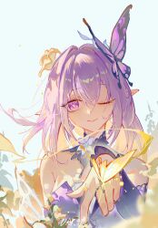  1girl absurdres bare_shoulders bright_pupils bug butterfly castorice_(gossamer_flutter)_(honkai:_star_rail) castorice_(honkai:_star_rail) chinese_commentary commentary_request detached_sleeves dress floating_hair furioso hair_between_eyes highres honkai:_star_rail honkai_(series) long_sleeves official_alternate_costume one_eye_closed outdoors parted_lips pointy_ears purple_butterfly purple_dress purple_hair smile upper_body violet_eyes white_pupils 