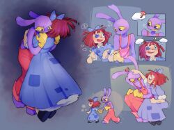  ! ? anger_vein animal_ears black_eyes blue_dress colored_sclera commentary dress english_commentary english_text furry highres hug jax_(the_amazing_digital_circus) localveggietable overalls rabbit_ears ragatha_(the_amazing_digital_circus) red_hair sitting smile spoken_exclamation_mark spoken_question_mark talking tearing_up the_amazing_digital_circus yellow_sclera 