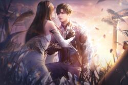 1boy 1girl 3d bare_shoulders black_hair black_jacket brown_hair closed_mouth clouds dress game_asset gloves grass hair_ornament hetero highres holding_hands jacket long_hair looking_at_another love_and_deepspace non-web_source official_art outdoors protagonist_(love_and_deepspace) self-datamine short_hair sky sunset tree white_dress zayne_(love_and_deepspace) 