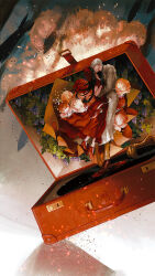  1boy 1girl absurdly_detailed_composition bouquet closed_eyes couple dancing dress dress_shoes flower food fruit grapes hat high_heels highres in_container kiss lips loaded_interior love_and_deepspace male_focus phonograph protagonist_(love_and_deepspace) red_dress rose sunsetagain surreal sylus_(love_and_deepspace) vinyl_record watermark white_hair 