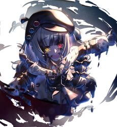  1girl absurdres beret black_hat black_jacket bow collared_shirt colored_tips crying crying_with_eyes_open hair_bow hat heterochromia highres jacket jacket_partially_removed jogasaki_noah long_hair long_sleeves looking_at_viewer mahou_shoujo_no_majo_saiban multi-tied_hair multicolored_hair neck_ribbon off_shoulder open_mouth osumoudosukoitv polka_dot polka_dot_skirt red_eyes ribbon shirt skirt sleeve_bow smile solo spoilers streaked_hair tears white_background white_hair white_shirt wide_sleeves witch_(manosaba) yellow_eyes 