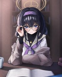  1girl absurdres bags_under_eyes black_hair blue_archive blue_eyes blurry blush book bookshelf cardigan commentary glasses hair_between_eyes hairband halo highres jewelry long_hair long_sleeves looking_at_viewer neckerchief necklace purple_hairband purple_neckerchief round_eyewear sailor_collar school_uniform skebisu smile solo ui_(blue_archive) 