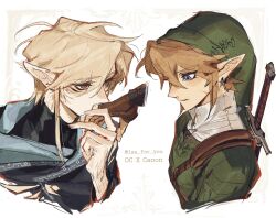  blonde_hair blue_eyes brown_eyes commentary_request earrings green_hat green_tunic hat highres isa-415810 jewelry kissing_head link long_sidelocks male_focus oc_x_canon pointy_ears sidelocks the_legend_of_zelda the_legend_of_zelda:_twilight_princess tunic white_background 