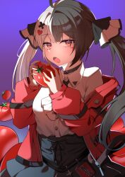  1girl absurdres ahoge black_choker black_hair black_skirt choker collared_shirt food fruit highres holding holding_food holding_fruit holding_tomato jacket lacrimosa_(nte) long_hair looking_at_viewer multicolored_hair neverness_to_everness open_mouth red_eyes red_jacket shirt skirt solo split-color_hair toraneko21_7 twintails two-tone_hair very_long_hair white_hair white_shirt 