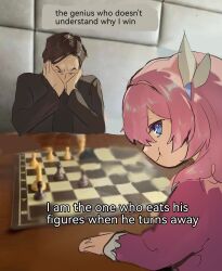  1boy 1girl black_coat black_hair blue_eyes board_game chess chess_piece coat commentary cyrene_(honkai:_star_rail) cyrene_(philia093)_(honkai:_star_rail) eating_the_chess_pieces_(meme) english_text hair_ornament highres honkai:_star_rail honkai_(series) looking_at_viewer meme photo_background pink_hair pink_sweater playing_games playing_tabletop_game short_hair sweater syoxpyn thinking zandar_one_kuwabara 
