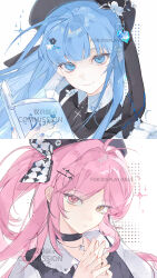  2girls absurdres blue_eyes blue_hair book choker commission cross hair_ornament hat heterochromia highres jewelry long_hair looking_at_viewer multiple_girls necklace peng_mie pink_eyes pink_hair smile 