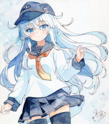  1girl absurdres blue_eyes blue_hat blue_sailor_collar blue_skirt blue_thighhighs closed_mouth commentary_request cowboy_shot expressionless fantasydolce hair_between_eyes hat hibiki_(kancolle) highres kantai_collection long_hair looking_at_viewer miniskirt neckerchief orange_neckerchief painting_(medium) peaked_cap sailor_collar school_uniform shirt sidelocks signature simple_background skirt solo thigh-highs traditional_media watercolor_(medium) white_background white_hair white_shirt zettai_ryouiki 