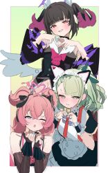  3girls animal_ears apron aria_(human)_(zenless_zone_zero) aria_(zenless_zone_zero) black_dress black_hair blue_archive blue_eyes blush bow cat_ears commentary_request dress gloves green_eyes hair_bow hair_ribbon halo hands_on_own_cheeks hands_on_own_face heart heart_hands k2_(jack_lin) long_hair maid_apron maid_headdress multiple_girls nangong_yu nangong_yu_(rhapsody's_muse) one_eye_closed open_mouth pink_hair puffy_sleeves red_eyes ribbon smile sunna_(zenless_zone_zero) thigh-highs twintails white_dress wings winking_(animated) zenless_zone_zero 