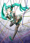  aqua_eyes aqua_hair bandaid cable detached_sleeves hatsune_miku jack_plug long_hair microphone microphone_stand necktie open_mouth shirosame skirt solo thigh-highs thighhighs twintails very_long_hair vocaloid zettai_ryouiki 
