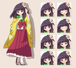  1girl 4rion absurdres black_eyes black_hair closed_mouth floral_print floral_print_kimono flower hair_flower hair_ornament hakama hieda_no_akyuu highres japanese_clothes kimono looking_at_viewer multiple_expressions panties print_kimono red_hakama short_hair solo touhou underwear white_panties yellow_kimono 