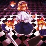  alice_margatroid bad_id blonde_hair checkered checkered_floor from_above hairband highres lance nosuku polearm purple_eyes saw shanghai shanghai_doll short_hair solo sword touhou violet_eyes weapon 