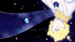  1boy absurdres blonde_hair blue_eyes blush commentary earth_(planet) english_commentary fate/grand_order fate_(series) gat0w highres male_focus planet scarf short_hair smile solo space star_(sky) upside-down voyager_(fate) yellow_scarf 