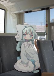  1girl animal_ears animal_hat beanie blue_hair blue_sky bow bus_interior closed_mouth commentary_request day dress fake_animal_ears fur-trimmed_dress fur_trim grey_dress grey_eyes grey_hat hat highres indoors long_sleeves looking_at_viewer nakkar original photo_background puffy_long_sleeves puffy_sleeves sitting sky sleeves_past_wrists solo striped_bow striped_clothes striped_dress twitter_username vertical-striped_clothes vertical-striped_dress watermark white_bow 