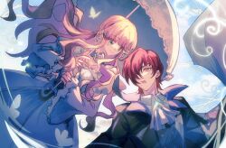  1boy 1girl ascot blonde_hair blue_sky bug butterfly cecily_ehrlein collarbone colorful_clouds commentary dress dress_shirt floating_hair flower frilled_dress frills green_eyes hair_over_one_eye highres holding holding_umbrella i70936976 kaze_to_hanakyoku_no_anburera long_hair looking_at_another lowe_(kaze_to_hanakyoku_no_anburera) open_mouth parasol red_hair shirt short_hair sky smile umbrella upper_body wavy_hair white_ascot white_flower wide_sleeves yellow_eyes 