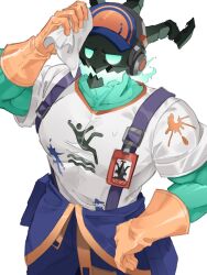  baseball_cap collarbone colored_skin empty_eyes fluee070307 gloves green_skin hat headphones highres janitor_thresh league_of_legends muscular muscular_male suspenders thresh_(league_of_legends) 