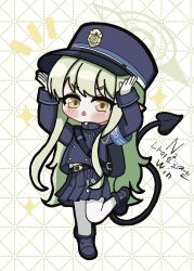  1girl adjusting_clothes armband bag blue_archive blush chibi commentary dated demon_tail full_body gloves green_hair halo hat highres hikari_(blue_archive) jacket jkh262 long_hair long_sleeves looking_at_viewer pantyhose pleated_skirt pointy_ears skirt solo standing standing_on_one_leg tail triangle_mouth white_gloves yellow_eyes 