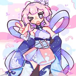  >_o 1girl coral_hair_ornament detached_sleeves dress genshin_impact hair_ornament mimi_(genshin_impact) mooonroll11 one_eye_closed pearl_hair_ornament pink_hair pink_skirt purple_dress sangonomiya_kokomi sash sidelocks_tied_back skirt thigh-highs updo violet_eyes wave_print 