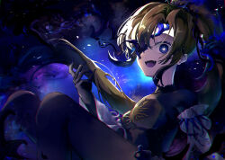  absurdres arcaea black_bodysuit black_gloves blonde_hair blue_eyes blue_hair blue_nails bodysuit breasts colored_extremities colored_mouth commentary corruption curtained_hair gloved_sleeves gloves hair_over_one_eye highres jacket long_hair long_sleeves looking_at_viewer medium_breasts multicolored_hair nail_polish nonoka_(arcaea) nonoka_(awakened)_(arcaea) open_mouth parted_bangs ponytail sky space star-shaped_pupils star_(sky) star_(symbol) starry_sky streaked_hair symbol-shaped_pupils tsukune_ekaki untranslatable_commentary white_jacket wide_sleeves 