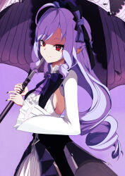  1girl ahoge ascot black_nails bow bowtie breasts commentary_request drill_hair frills from_side gem hairband highres holding holding_umbrella karo_(calori) long_hair long_sleeves looking_at_viewer mole mole_under_eye multicolored_hair pointy_ears purple_ascot purple_background purple_bow purple_bowtie purple_gem purple_hair purple_hairband purple_umbrella red_eyes shirt shrug_(clothing) sideboob_cutout solo streaked_hair umbrella upper_body vivian_banshee white_shrug zenless_zone_zero 