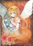 angel_wings bare_shoulders blonde_hair chain chains colored_pencil_(medium) crown dress flower green_eyes hourglass long_hair marker_(medium) mosho open_mouth original pointy_ears red_rose rose smile solo tattoo teeth traditional_media water white_dress wings 