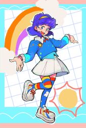  1girl blue_background blue_eyes blue_hair blue_shirt breasts collared_shirt commentary english_commentary grid_background highres long_sleeves looking_at_viewer medium_breasts molly_yancey multicolored_thighhighs open_mouth outstretched_arms rainbow rainbow_hairband shirt shoes skirt sneakers solo spread_arms standing standing_on_one_leg star_(symbol) star_print sun_print tenkyuu_chimata thigh-highs touhou white_background white_shoes white_skirt 