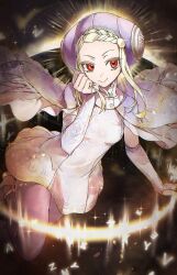  1girl blonde_hair capelet commentary_request dress escoffion gloves hat highres ingrid_(capcom) long_hair pantyhose purple_capelet red_eyes sae85462599 solo street_fighter street_fighter_6 turtleneck_capelet white_gloves 