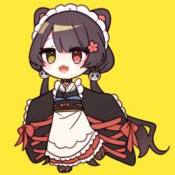  1girl :d animal_ears black_kimono black_sash blunt_bangs brown_hair chibi chibi_only commentary_request dog_ears dog_girl fang flower frilled_sleeves frills full_body hair_flower hair_ornament hakama hakama_skirt heterochromia inui_toko japanese_clothes kimono long_hair long_sleeves low_twintails maid maid_headdress nijisanji nise_dorothia obi open_mouth red_eyes red_hakama red_ribbon ribbon sash simple_background skin_fang skirt sleeves_past_fingers sleeves_past_wrists smile solo standing twintails very_long_hair virtual_youtuber wa_maid wide_sleeves yellow_background yellow_eyes 